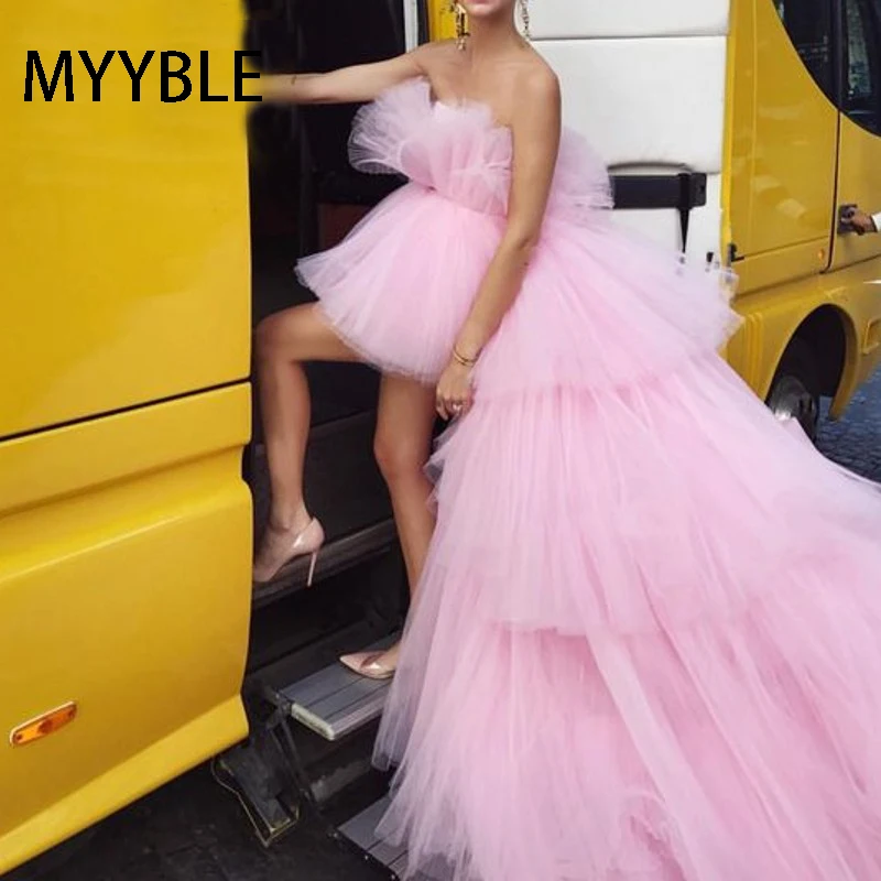 

MYYBLE Fashion Pink Tiered High Low Tutu Prom Dresses Off The Shoulder Puffy Long Prom Gowns Chic Tulle Gowns Vestido Formatura