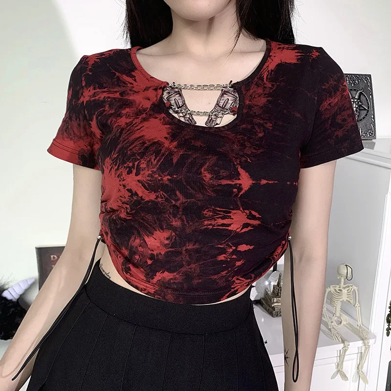

Red Goth Women Tie Dye Short T-shirts Chain Drawstring Hipster Tshirt Tight Cool Basic Top Collar Metal Fashion 2022 Summer Lady