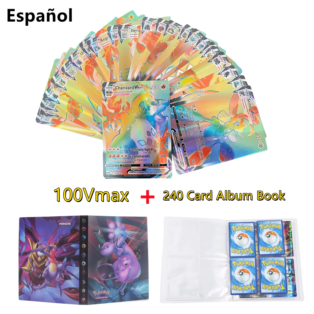 

100PCS Vmax Spanish Pokemon Card Game Battle Carte Trading Cards Game + 120Pcs Cards Album Book