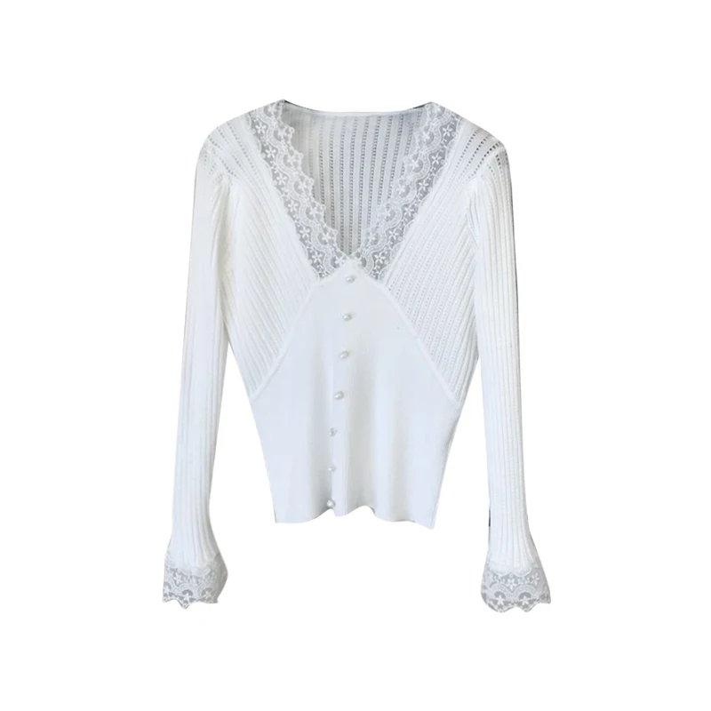 

2021 Spring Simple Long Sleeve Lace Large V-neck Knitted Shirt Sweet Sexy Loose Solid Color Wool Base Knitted Jumper Female