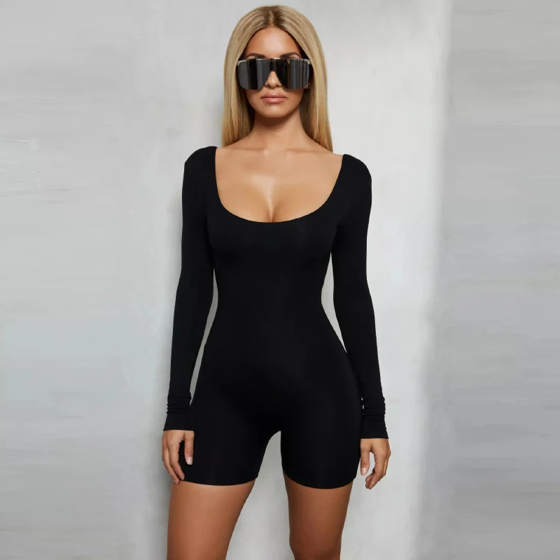 

Pants Female Jumpsuit Club Outfits for Women Sportswear Low Neck Long Sleeve Sexy One-Piece Shorts Leaky Back Women's One-Piece