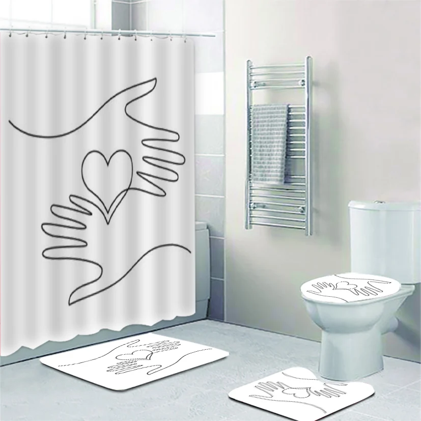 Набор для ванной комнаты "Непрерывный линейный рисунок рук на головоломке, душевой занавес и коврик, минималистический простой эскиз в ванной комнате".
