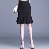 Black Lace Bodycon Fishtail Skirt for Women Fashion Elegant Slim Casual High Waist Knee-length Skirts Office Lady 8960