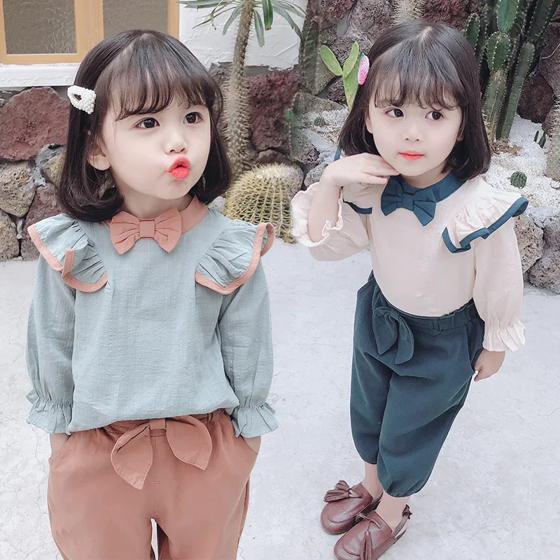 

Girls spring and autumn suit children bowknot comfortable casual bottom sweater women baby harlan pants fashionable two sets