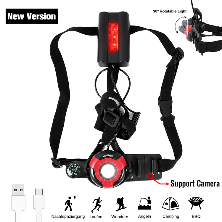 New Black Red WEST BIKING велосипедный светильник USB зарядка ночной бег вспышка светильник светодиодный нагрудный светильник для спорта на открытом воздухе бег Велоспорт безопасность сигнальные огни - Цвет: New Black Red