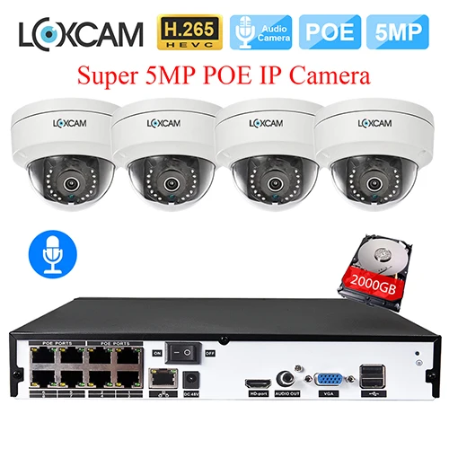 8CH NVR x 4 Cameras LOXCAM H.265+ 8CH POE Система до 16ch 5MP NVR комплект 5MP аудио Антивандальная купольная POE ip-камера 5MP День Ночь Камера безопасности комплект - Цвет: 8CH NVR x 4 Cameras