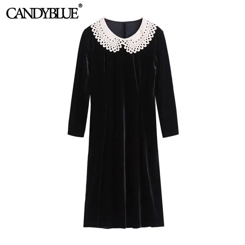 

Black velvet doll collar dress 2022 spring and autumn new fashion color matching split French casual knee-length dress women