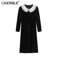 black velvet doll collar dress 2022 spring and autumn new fashion color matching split french casual knee length dress women