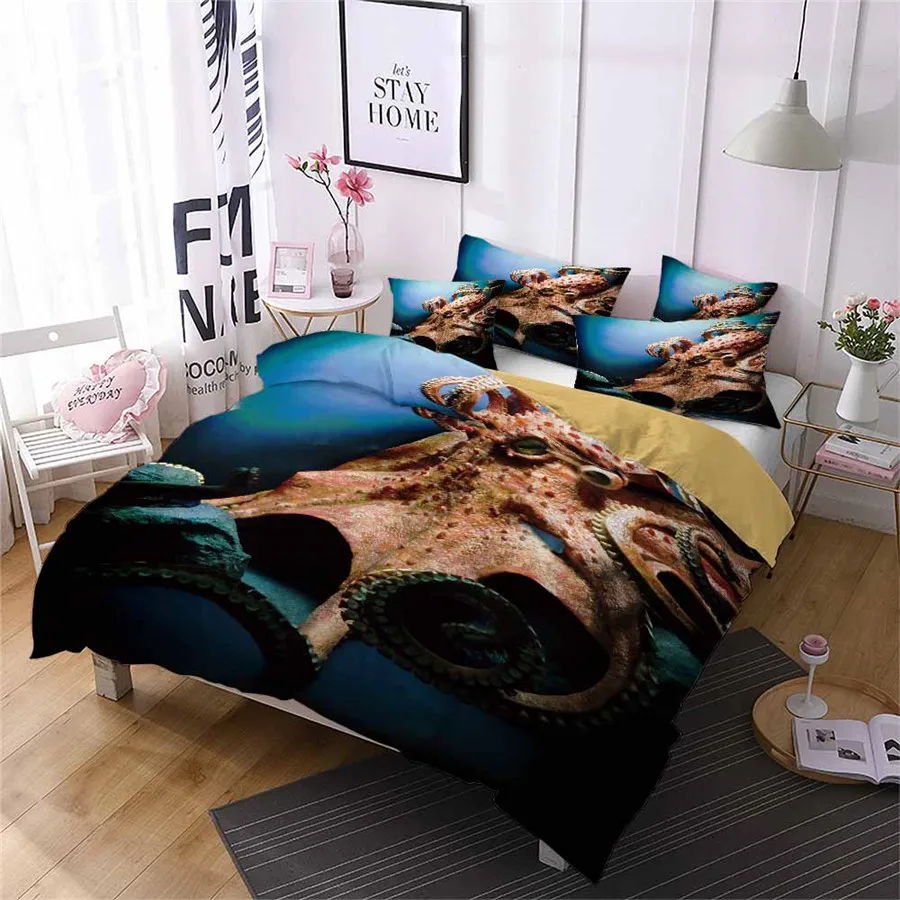 HELENGILI 3D Bedding Set Octopus Print Duvet Cover Lifelike Bedclothes with Pillowcase Bed Home Textiles #ZY-10 | Дом и сад