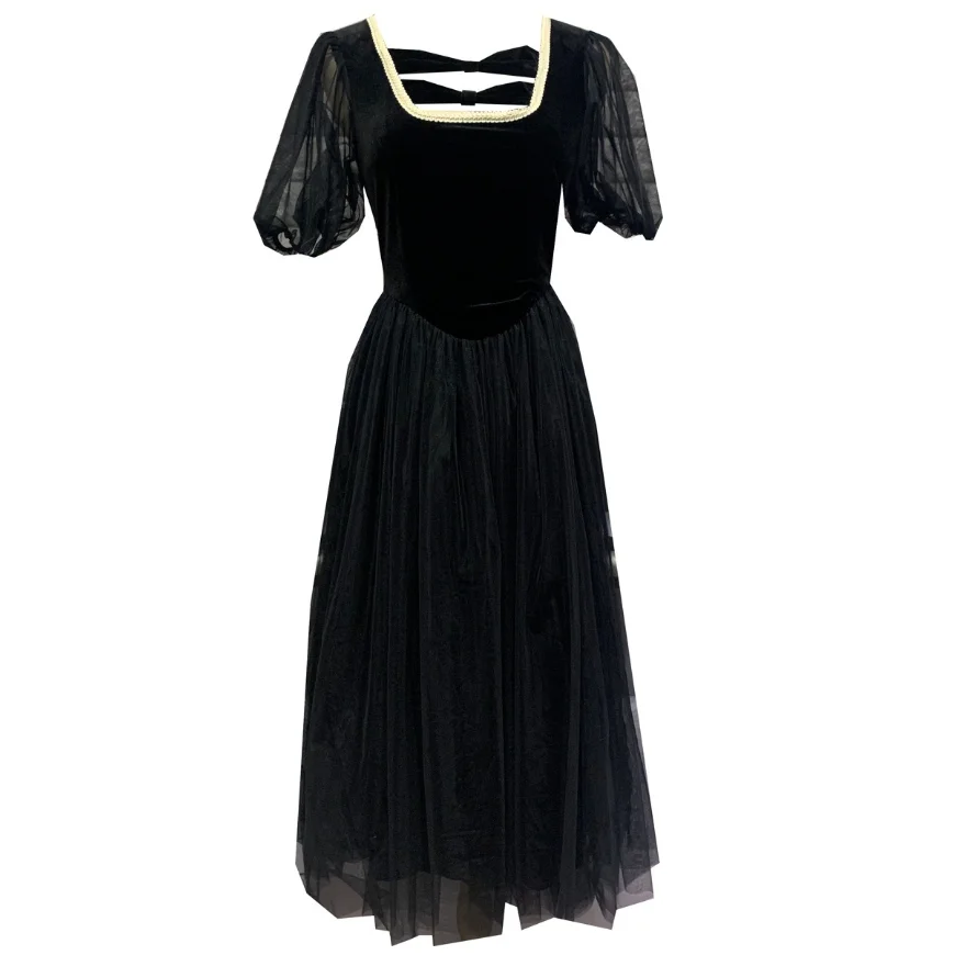

French style vintage puff sleeve mesh stitching dress women square collar slim high waist a-line dress