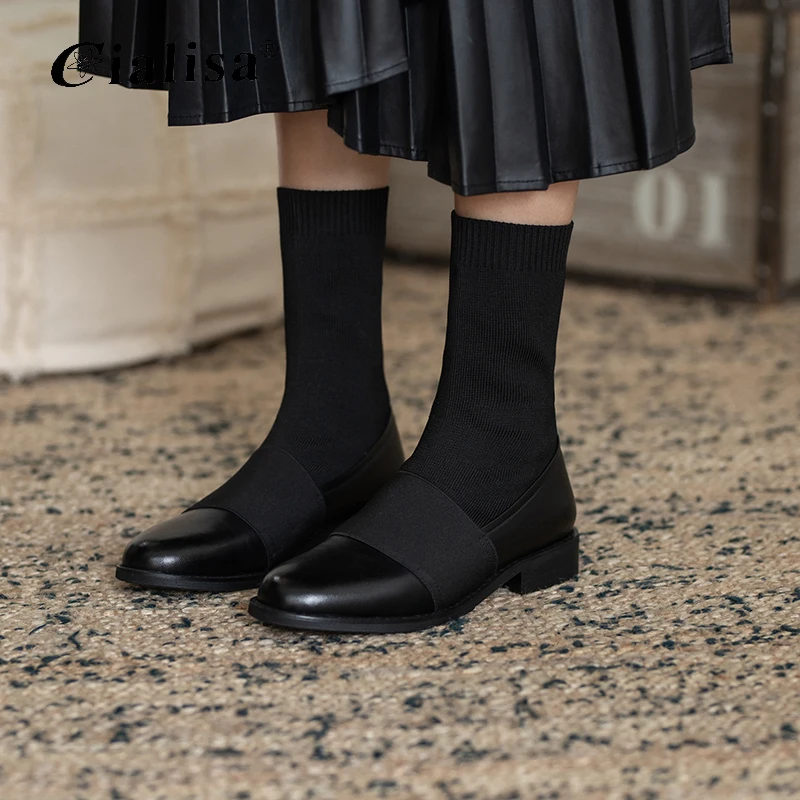 

Женские ботинки Kanseet, Модная вязаная обувь из натуральной кожи в стиле пэчворк, новый дизайн, повседневные ботильоны с круглым носком на низ...