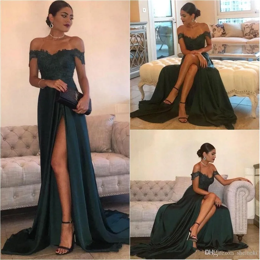 

2020 Satin Sexy Off-the-Shoulder Dark Green A Line Prom Dresses Floor-Length High Side Split Lace Applique Long Evening Dress