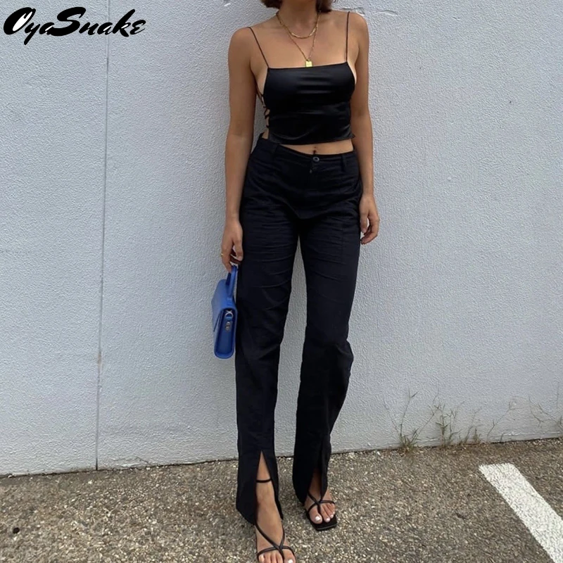 

Oyasnake New Womens Hot Split Suit Long Pants Ladies Solid High Waist Button Slim Skinny Pockets Mopping Trousers
