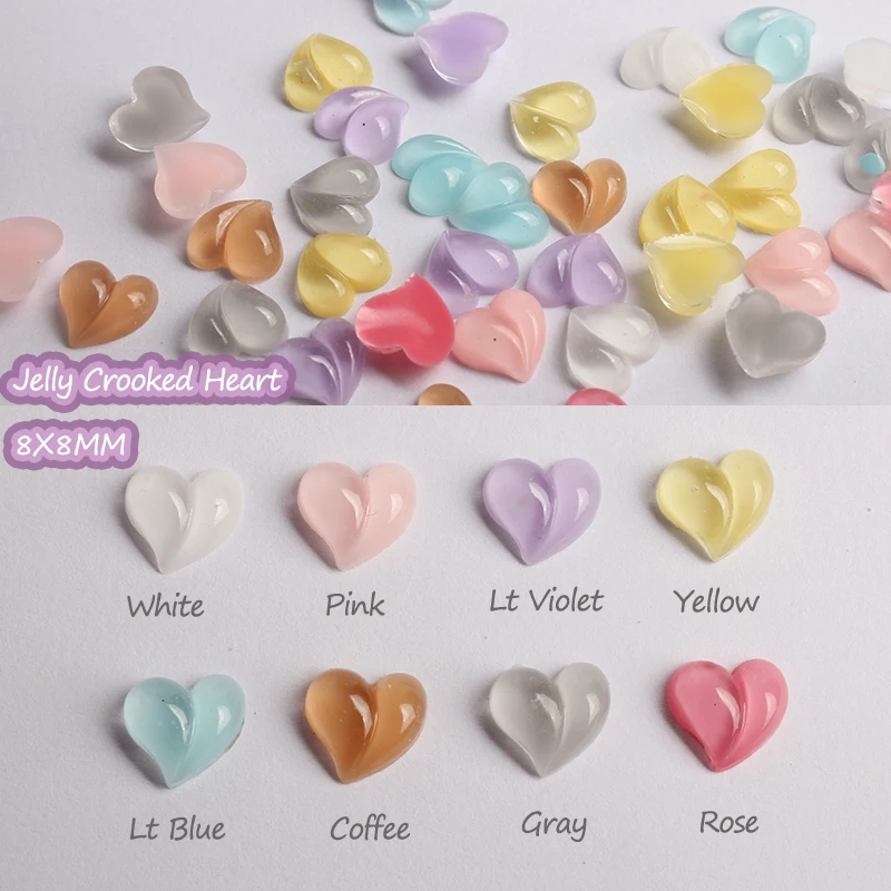 Jelly Color Crooked Heart 8MM Three-Dimensional Flat Back  Resin Nail Art Rhinestones Apply to DIYManicure Accessories 30/100Pcs