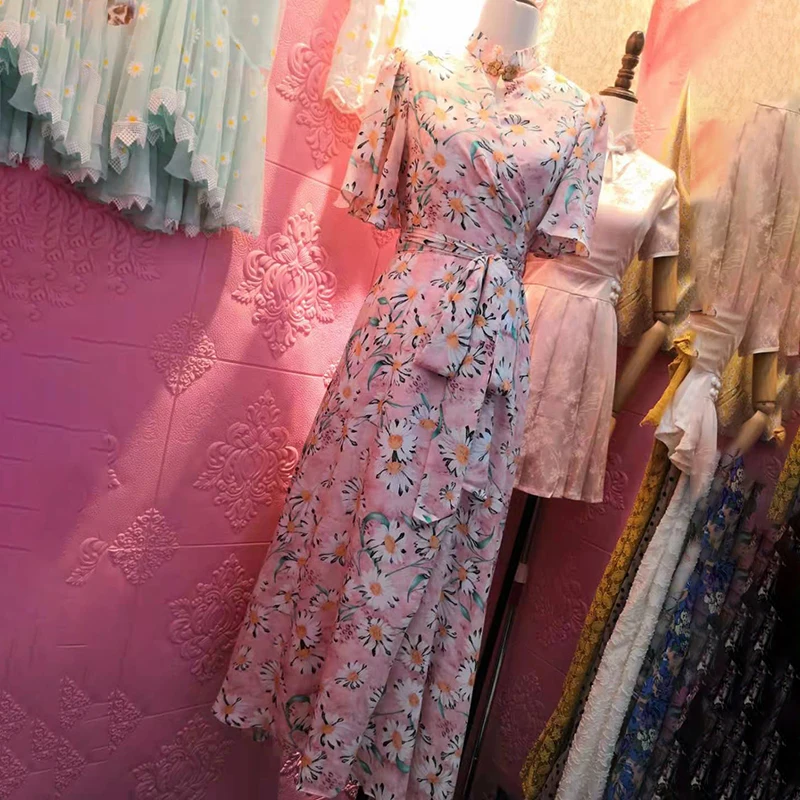 

GALCAUR Print Dress For Women Stand Collar Short Sleeve High Waist A Line Ankle Length Bandage Hit Color Dresses Female 2021 New