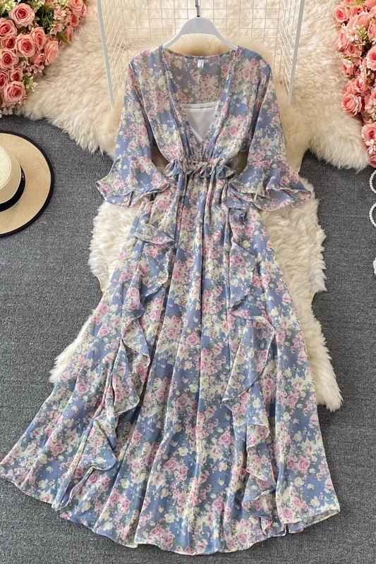 

New Flare Sleeve Chiffon Maxi Dress summer fashion women's V-neck ruffles print casual Street MIDI dress Korean party dress