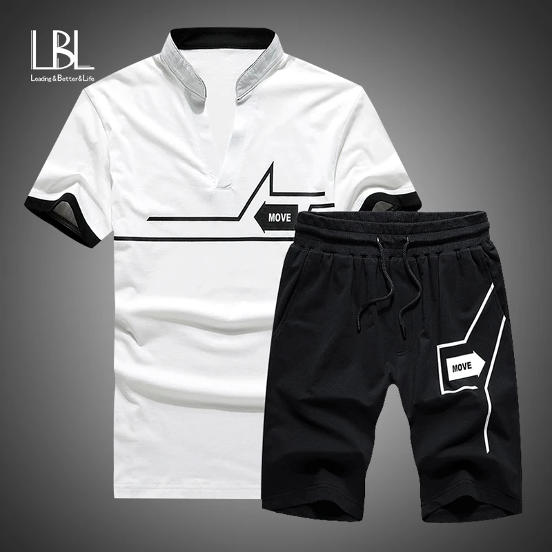 

Мужской спортивный костюм из двух предметов, Повседневная футболка с воротником-стойкой и шорты, лето 2019