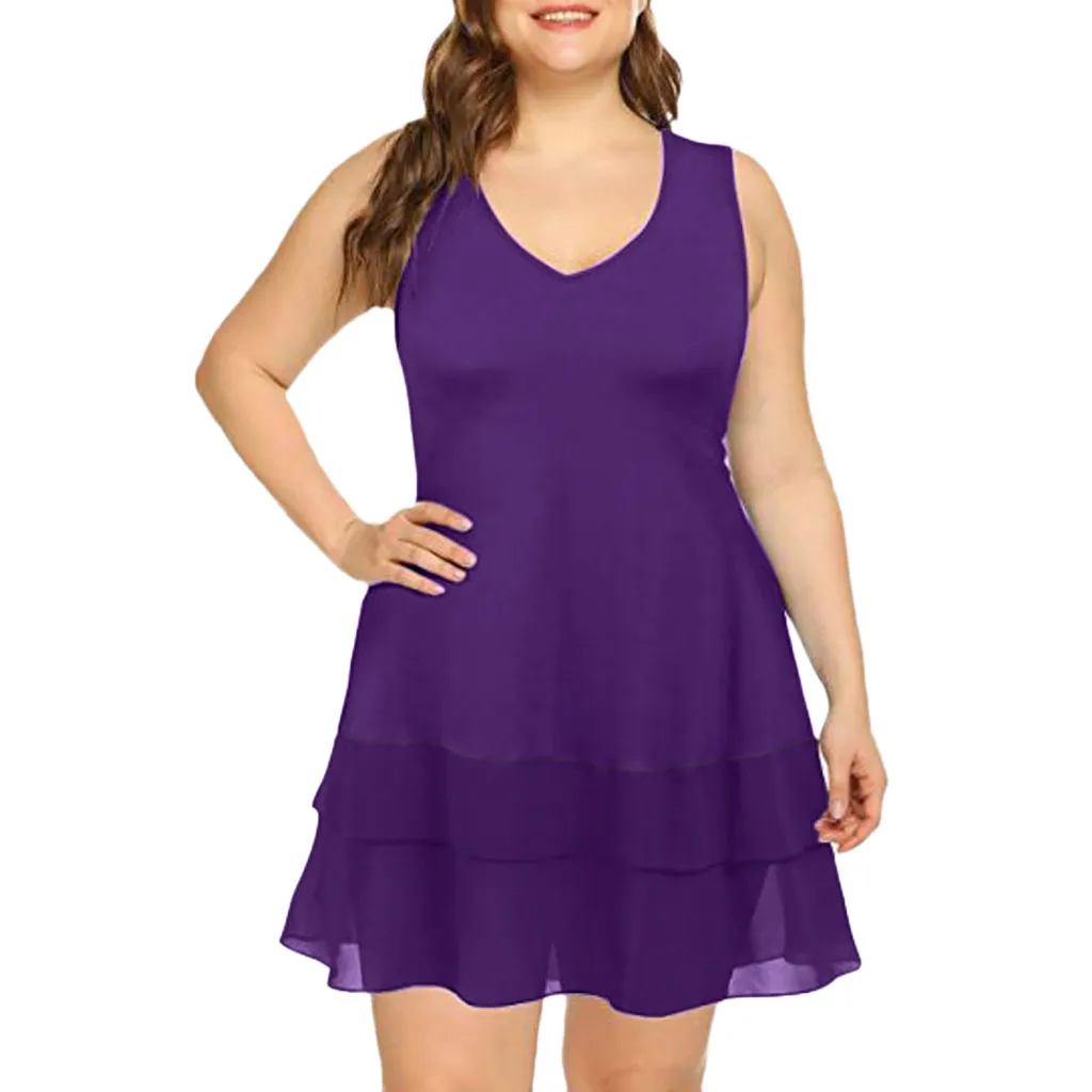 

New Casual Women V-neck Tank Tops Summer Sleeveless Solid Empire Cascading Ruffle Mini Dress Women Plus Size