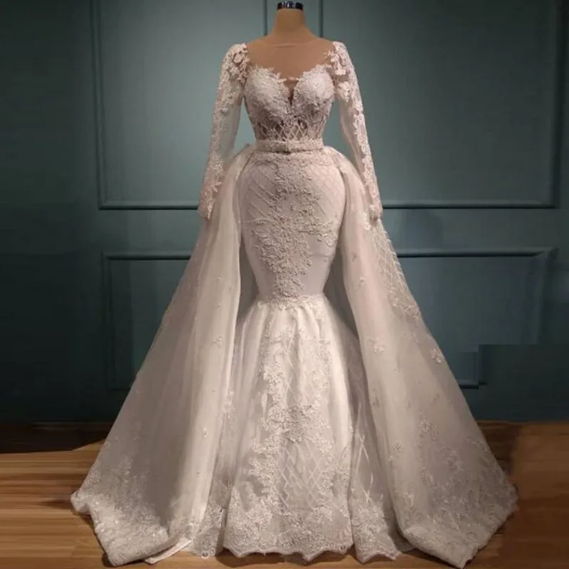 

Vintage Lace Appliques Wedding Gowns Saudi Arabia See Thru Long Sleeves Vestido De Novia Mermaid Bridal Gown Removable Skirt