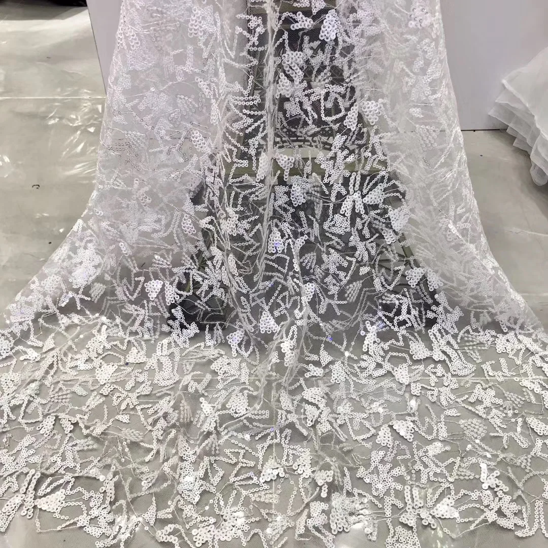 

African Lace Fabric 2021 High Quality Lace Fabric French Sequin Mesh Tulle Fabric Nigeria Lace Wedding Dress J4028
