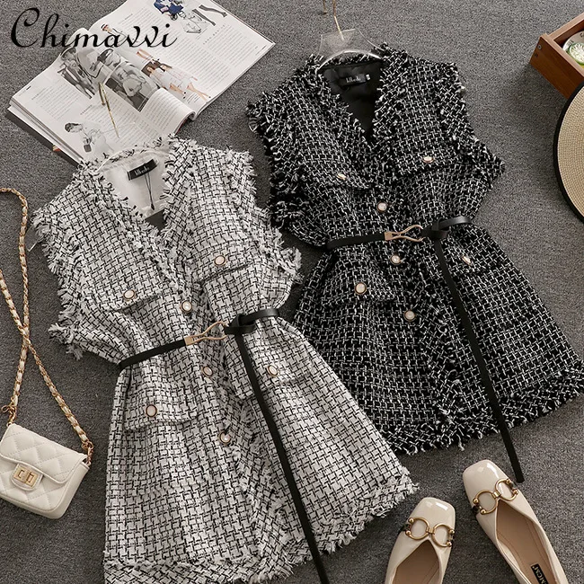

Women's Autumn Korean Style Vest 2021 Outer Wear Chic Retro Plaid Cardigan Coat Female V Neck Belted Sleeveless Vest Coat