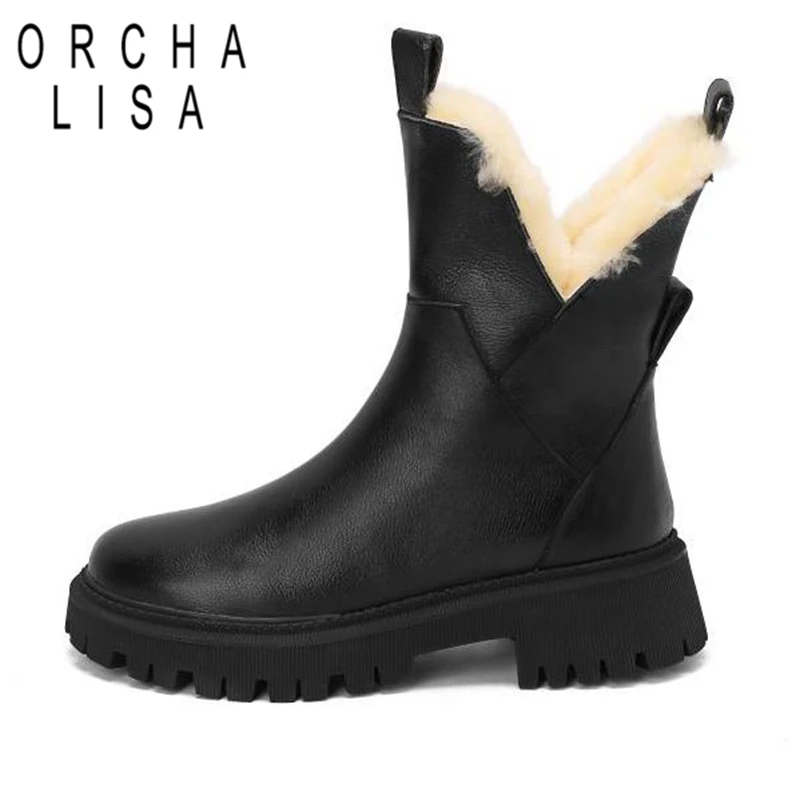 

ORCHALISA Winter Warm Ankle Boots Zapatos mujer verano 2021 Round Toe Mid Heels Guneine Leather Plus Size 34-42 Concise S2768
