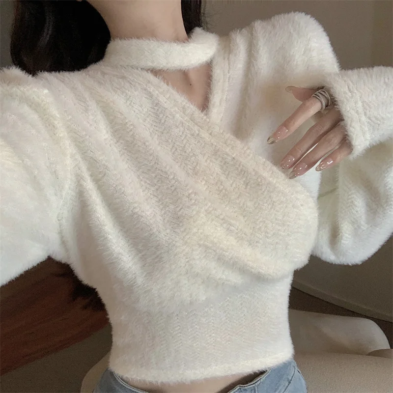 

Winter Soft Casual Fleece V-neck Long-sleeved Waist Slimming Sweater Women Sweet Designer Pullover Sweater Women Clothing
