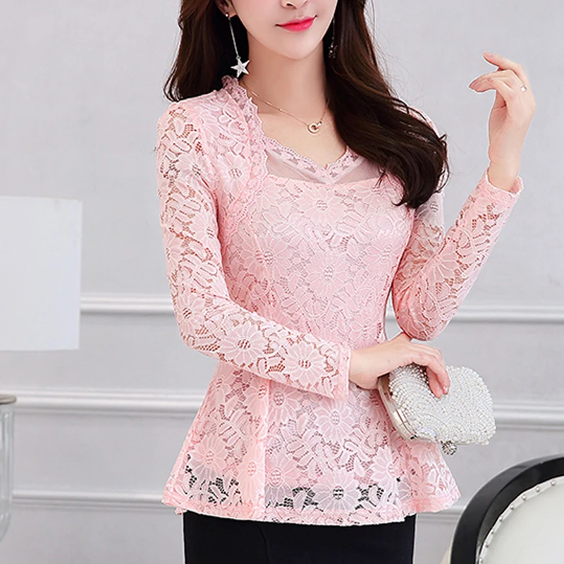 

Plus Size M-4XL Lace Women clothing Pink Blusas 2021 New Lace Shirt Tops Female Elegant Long-sleeve Lace Women Blouse shirt 117F