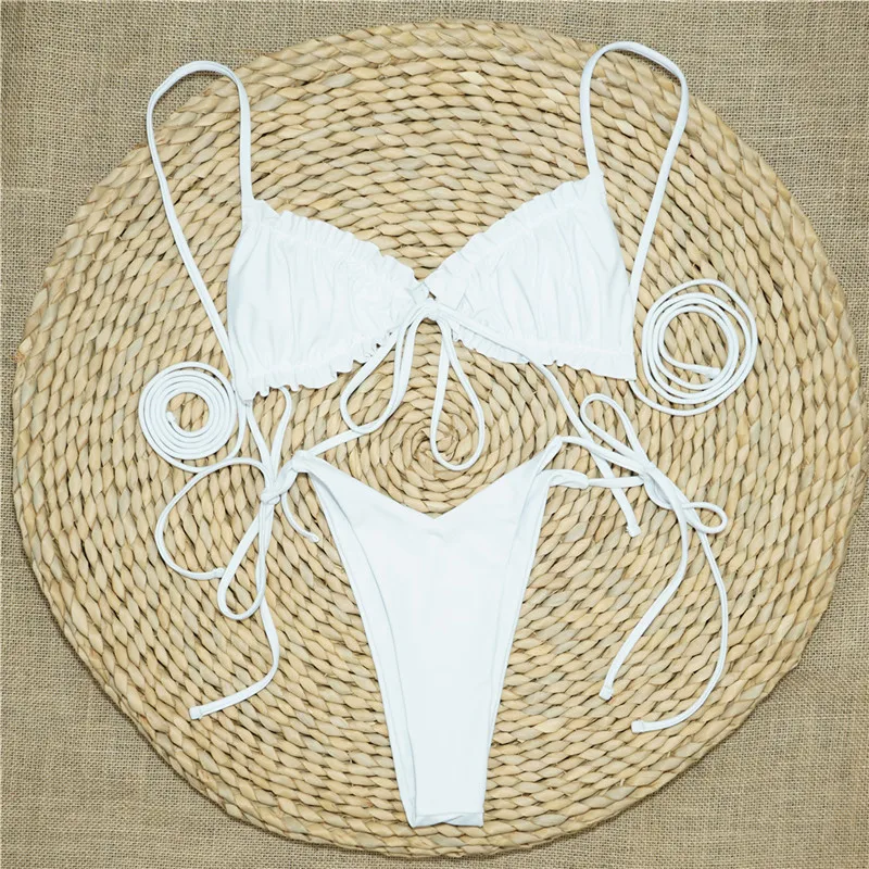 

Fors Triangle sexy micro bikinis 2020 mujer Solid white women's swimsuit String bandage swimwear Pleated high cut bathing suit
