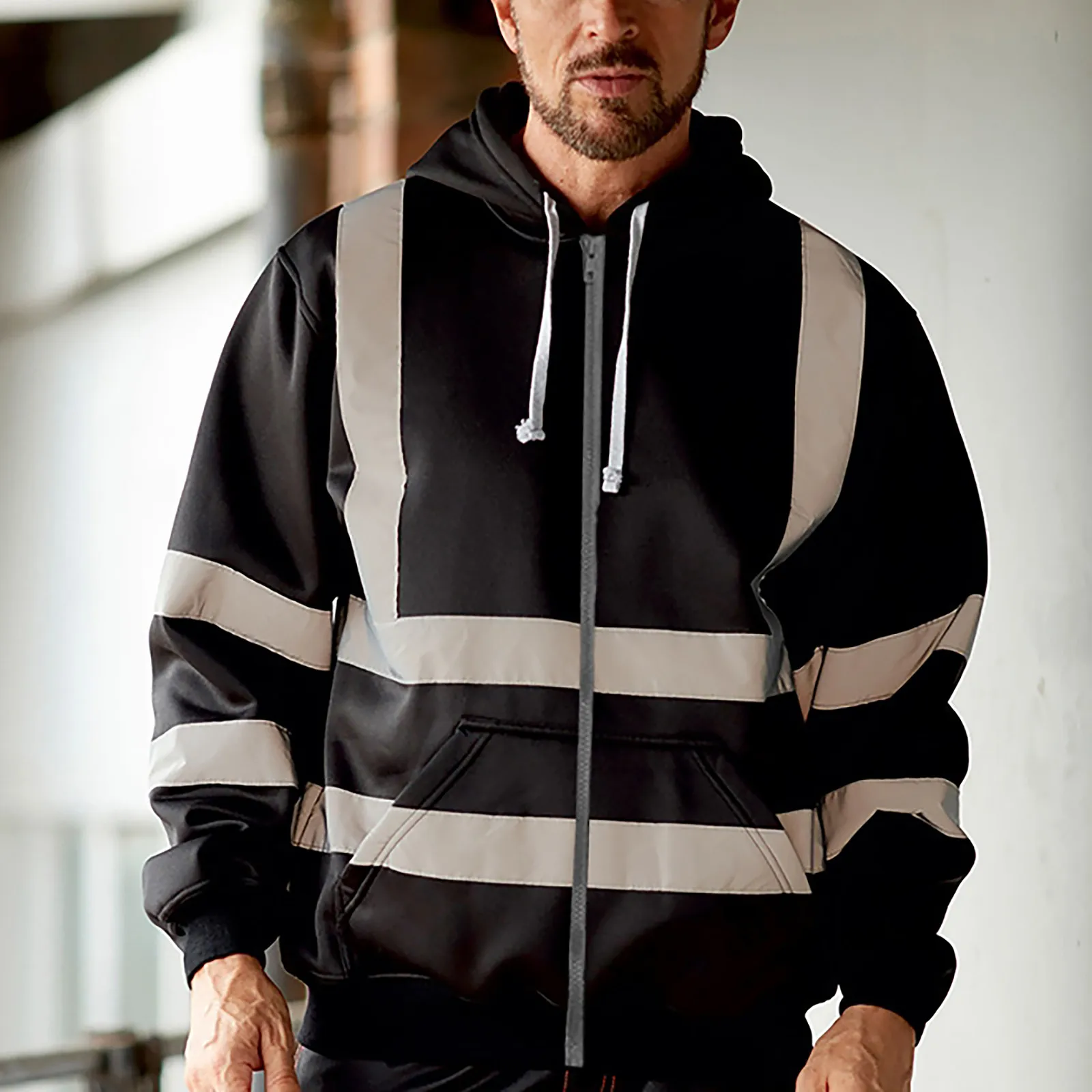 

Mens Road Work High Visibility Patchwork Jackets Reflective Zipper Long Sleeve Hooded Sweatshirt Windbreaker Coat Outwear#g3