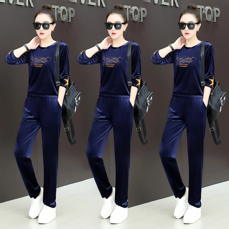 Бархатный спортивный костюм для женщин 2019 зимний женский большой размер