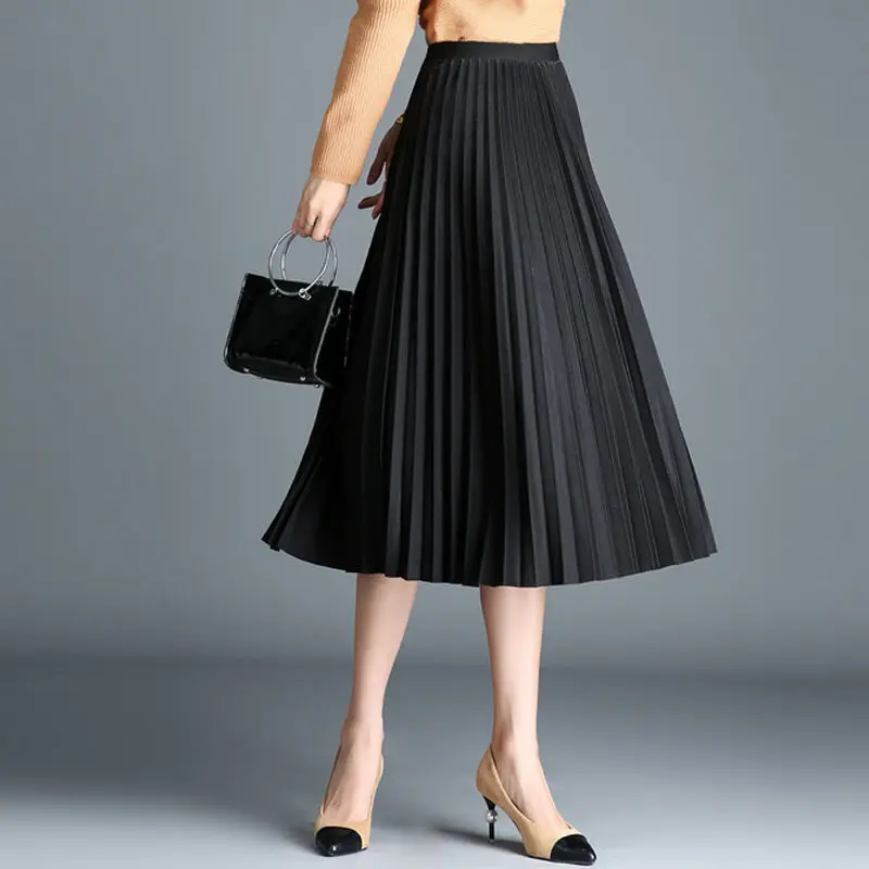 

Women 2021 Spring Summer Fashion Mid-long Pleated Skirts Female Solid Color Loose Skirts Ladies High Waist Thin Skirts Y254