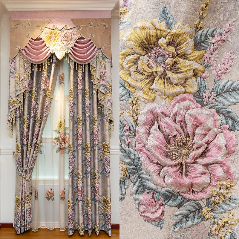 

Window Curtain Living Room Bedroom Luxury Villa Embossed Fancy Tulle Rose Embroidery Thick Shading Precision Jacquard Curtains