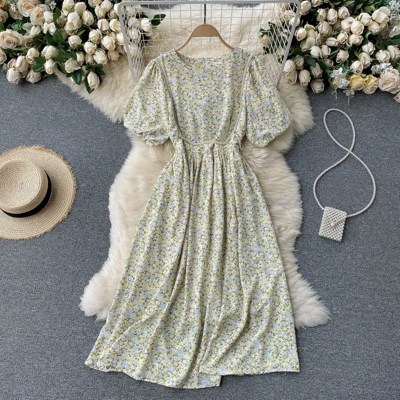 

Korean Chic Floral Puff Sleeve Dress High Waist Vintage Ladies Crew Neck Pearl Beading Party Vestidos Ropa Mujer Elegant
