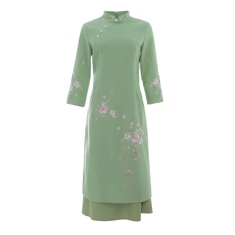 

girl cheongsam 2019 new women's Chinese Style Embroidered woolen dress showing thin Han nationality and tea dress
