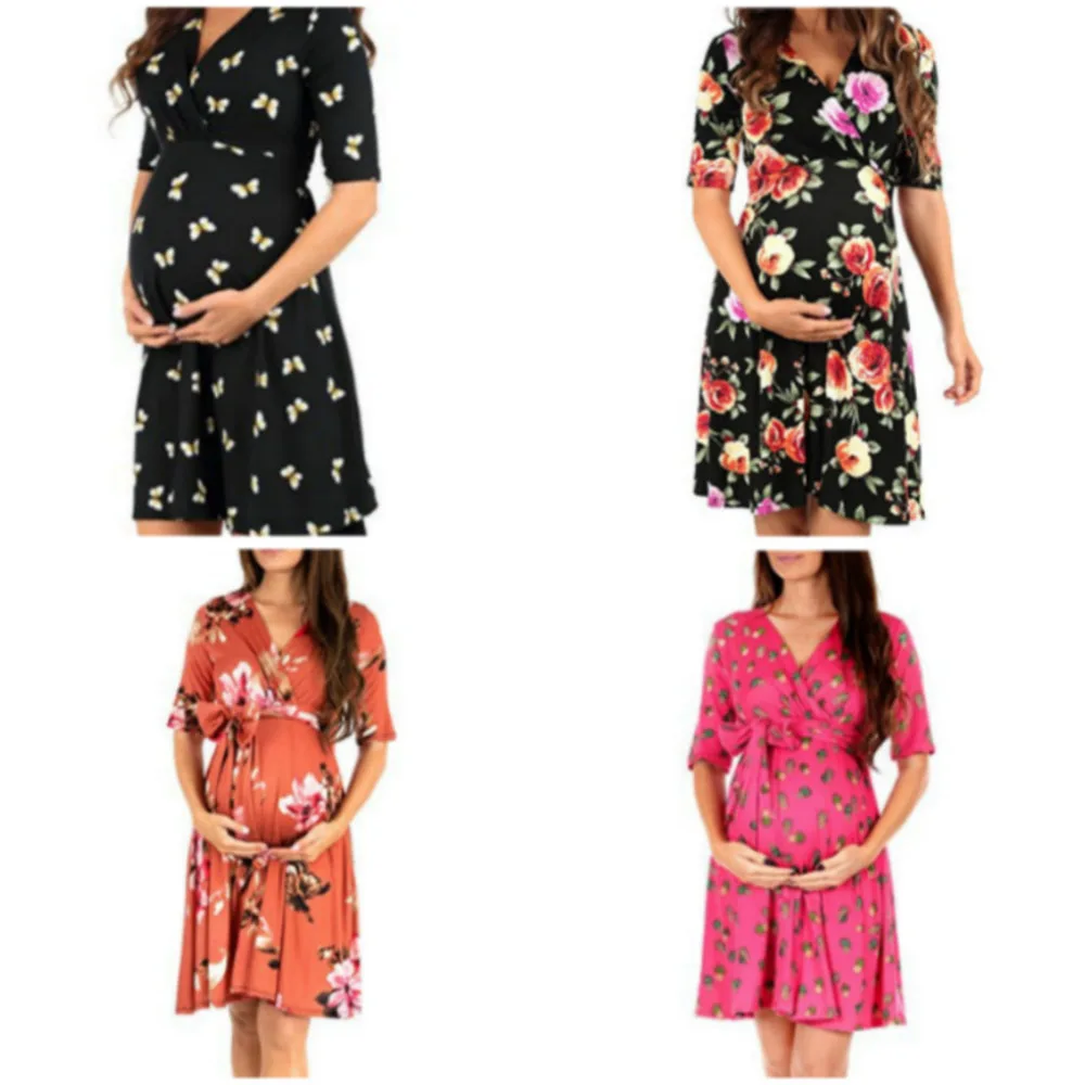 

Women High-Low Surplice Wrap With Waist Belt Maternity Dress Adjustable V Neck Nursing Dress Breastfeeding Pregnant Clothes