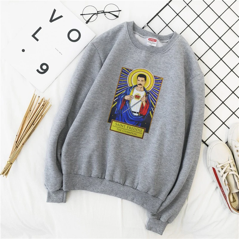 Grey Харадзюку Сен Фредди Меркурий пара мультфильм мужская Толстовка повседневные Модные топы уличная хип хоп Принт толстовки для мужчин DIYWY02 - Цвет: Grey