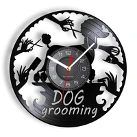 dog grooming salon sign vinyl record wall clock poodle puppy pet shop decor dog baths haircuts nail trimming retro wall watch
