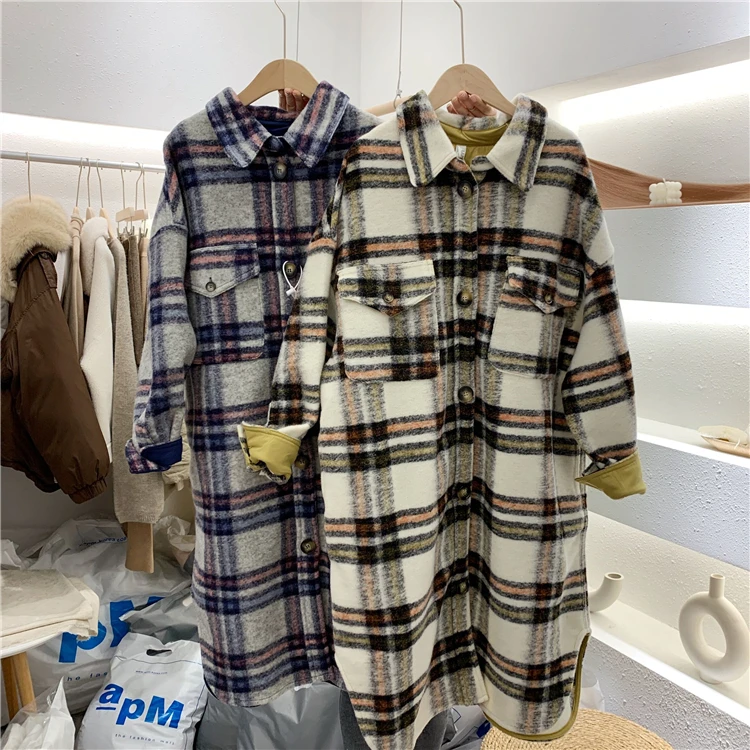 

2020 Spring Turn Down Collar Woolen Plaid Print Elegant Wool Jacket Women Autumn Long Coat Casaco Feminino