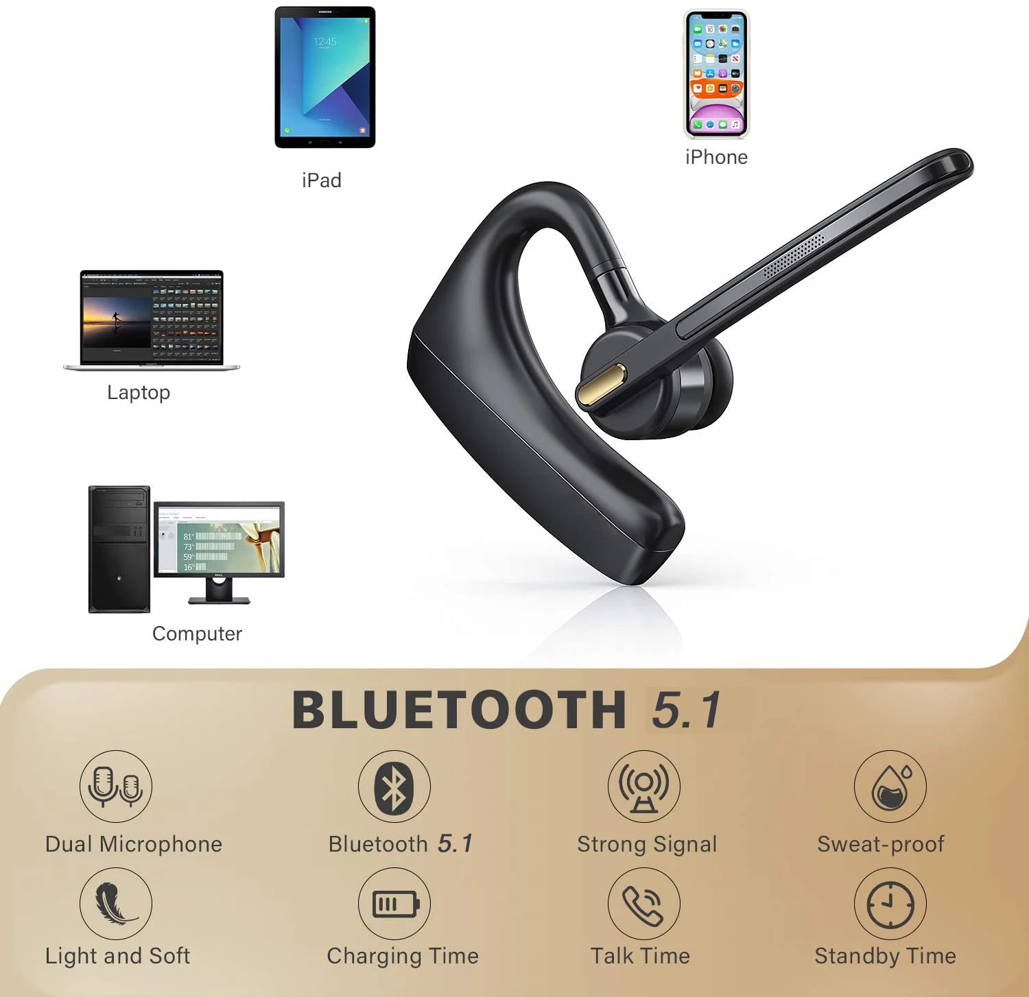 Bluetooth Headset Wireless Earphones HD With CVC8.0 Dual-Mic Noise Reduction Function Suitable For Smart Phones | Электроника