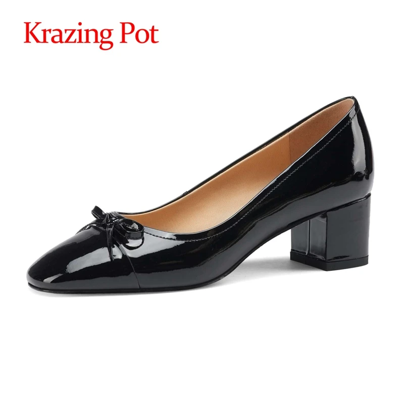 

Krazing Pot plus size cow patent leather round toe med heels shallow butterfly-knot young lady slip on spring women pumps L17