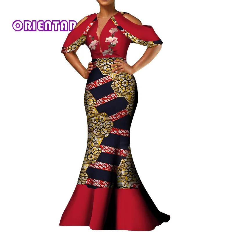 Женское платье в африканском стиле с вощеным принтом глубоким V-образным вырезом