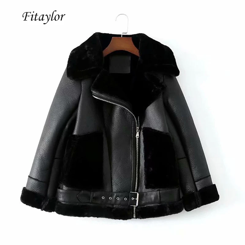 Fitaylor женская теплая искусственная мягкая кожаная куртка из шерсти ягнят Пальто