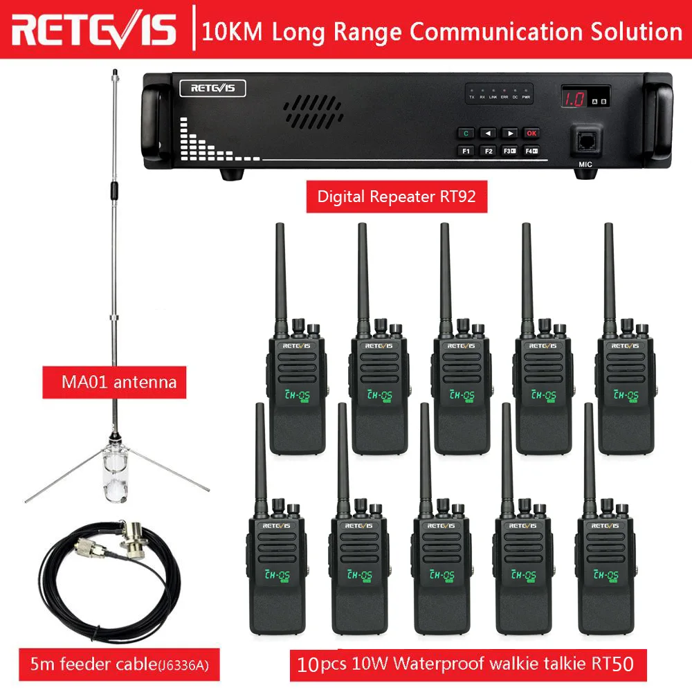 

50 Km Communication Solution RETEVIS RT92 10W Repeater +10pcs Digital IP67 Waterproof Radio RT50 +5M Feeder Cable + MA01 Antenna