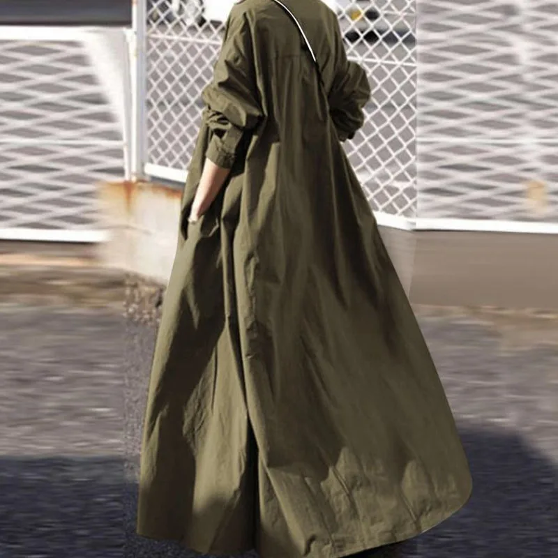 

Vintage Turn-down Collar Pocket Solid Long Dress Spring Autumn Long Sleeve Party Dresses Casual Women Loose Maxi Dress Vestidos