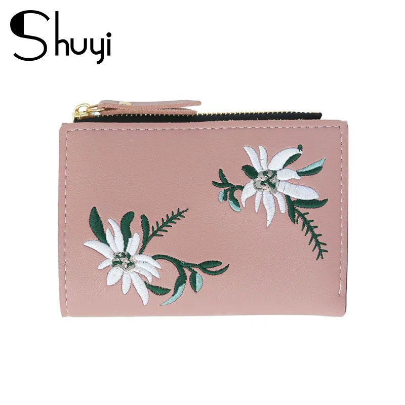 

Embroidery Flowers Women's Wallets Fashion Short Wallet For Woman Zipper Ladies Small Coin Purse Female Leather Card Holders