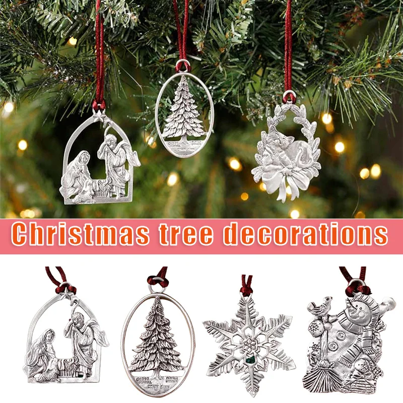 

1PCS Christmas Tree Ornament with Red Ribbon Iron Xams Pendant Home Festival Party Decor Christmas Pendant