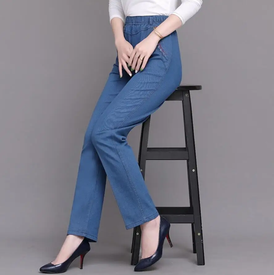

Plus size High waist jeans women Spring autumn Elastic waist loose straight Denim pants female casual pants r672