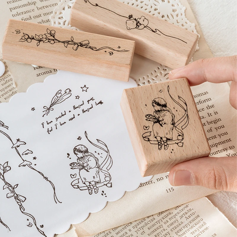 Винтажный тюльпан цветок лоза сказочный медведь декоративный штамп деревянные и