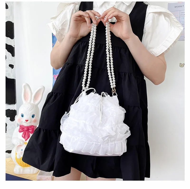 

New Women White Shoulder Bag Pearl Strap Mesh Messenger Bag Lace Crossbody Bags Fahion Cute Drawstring Bucket Handbag Totes
